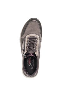 Gray suede sneaker with a rounded toe, lace-up front, side zipper, and textured accents. Interior features a patterned insole.