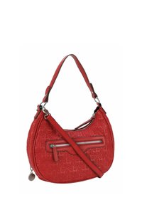 Borsa a tracolla in pelle rossa con motivo geometrico impresso, manico corto e tracolla lunga removibile; presenta una tasca frontale con zip e hardware in argento.