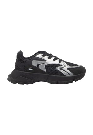 Black athletic shoe with silver accents, featuring a mesh upper, textured sole, and laces. Designed for comfort and functionality.