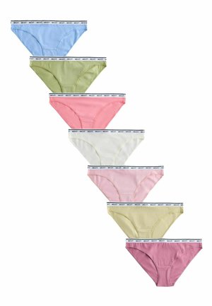 Seven bikini-style underwear in blue, green, pink, white, light pink, beige, and mauve, each with a waistband labeled "NEXT."