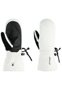 Mittens isolati bianchi con palmo e pollice neri e texture. Presentano un polsino elasticizzato regolabile e dettagli con logo sui polsini.