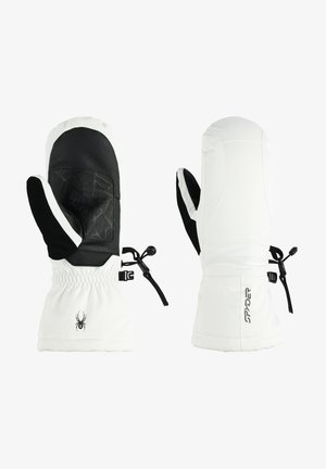 Weiße isolierte Fäustlinge mit einer schwarzen strukturierten Handfläche und Daumen. Sie verfügen über ein verstellbares elastisches Handgelenk und Logo-Akzente an den Bündchen.