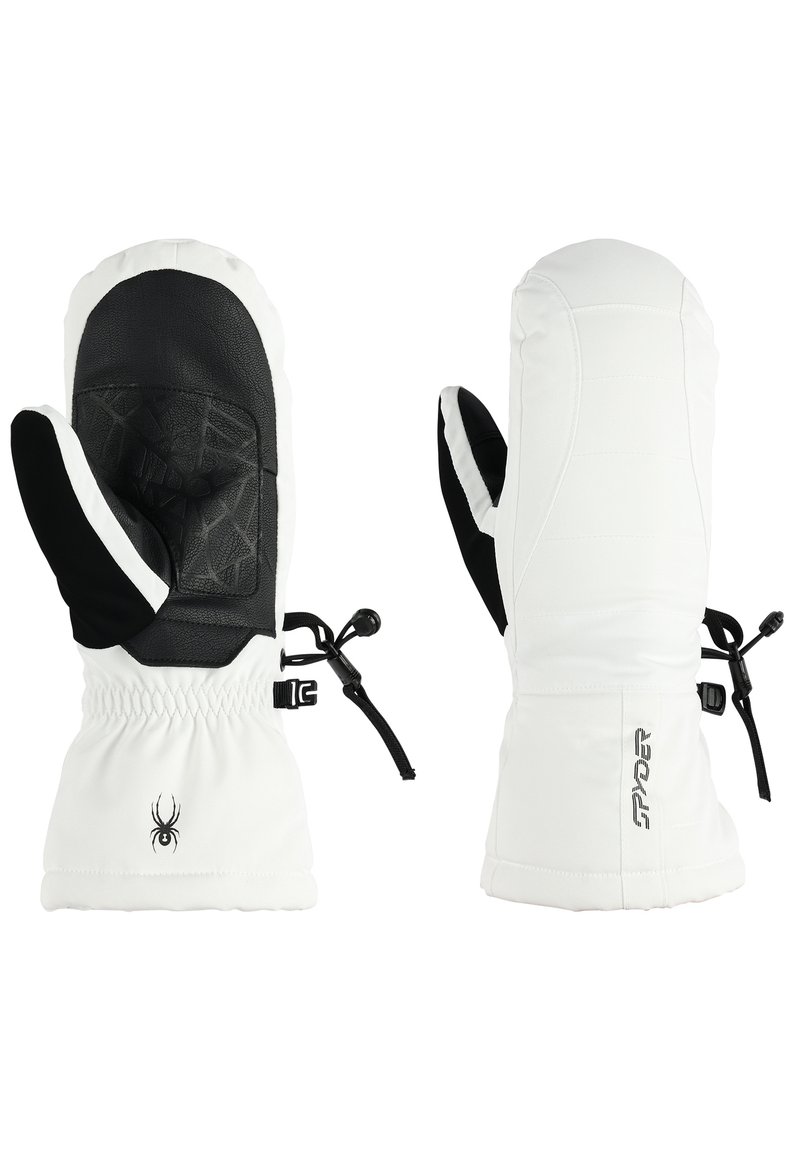 Mittens isolati bianchi con palmo e pollice neri e texture. Presentano un polsino elasticizzato regolabile e dettagli con logo sui polsini.