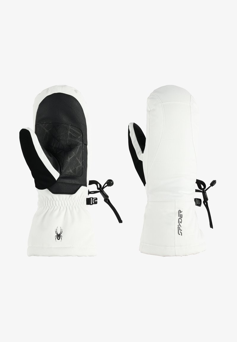 Mittens isolati bianchi con palmo e pollice neri e texture. Presentano un polsino elasticizzato regolabile e dettagli con logo sui polsini.