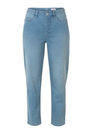 Light blue denim jeans with a classic five-pocket design, straight leg shape, and a button closure at the waist. Slightly faded texture.