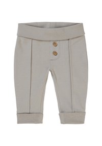 Helle beigen Baumwollhosen mit einem breiten Bund, zwei Holzknöpfen an der Vorderseite, feinen Falten und umgeschlagenen Säumen für eine figurbetonte Passform.