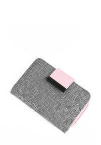 Gray textile wallet with a pink fabric accent and a black clasp. Features a smooth texture with a rectangular shape and subtle pattern.