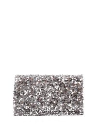 Silberne Pailletten-Clutch mit rechteckiger Form, die eine strukturierte Oberfläche aufweist, die mit glänzenden, reflektierenden runden Pailletten bedeckt ist.