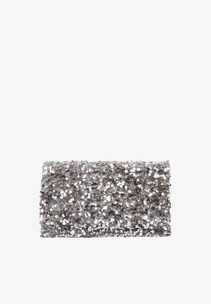 Silberne Pailletten-Clutch mit rechteckiger Form, die eine strukturierte Oberfläche aufweist, die mit glänzenden, reflektierenden runden Pailletten bedeckt ist.