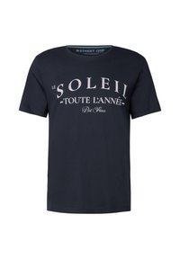 Námořnická modrá tričko s krátkým rukávem vyrobené z bavlny, s bílým textem "le SOLEIL toute l'année" a jemnou texturou.