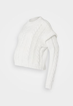 Pull en maille torsadée blanche avec un col rond, design court et une manche longue. Le motif texturé ajoute de la profondeur.