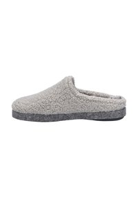 Chaussons gris en peluche avec un extérieur texturé doux, un dos ouvert et une semelle en feutre gris foncé, conçus pour le confort et la chaleur.