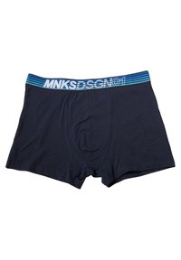 Bóxer de algodón azul marino con una cinturilla a rayas que presenta "MNKSDSGN01." Cintura elástica con rayas azules y turquesas. Textura suave.
