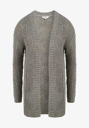 Vaaleanharmaa neulottu neuletakki, jonka muotoilu on rento, edessä avoin, jossa on ribbitekstuuri ja hienovaraisia kaapelitekstejä hihoissa ja vartalossa.