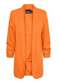 Oranžový blazer s klopovým límečkem, zapínáním na jeden knoflík a ohrnutými rukávy. Vyroben z lehké tkaniny s hladkým povrchem.