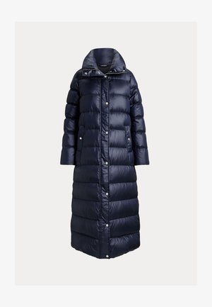 Cappotto lungo puffer navy con colletto alto, design trapuntato, bottoni a pressione e due tasche laterali. Realizzato in materiale lucido e resistente all'acqua.