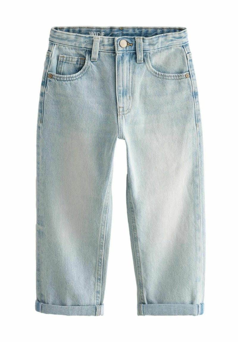 Jeans a gamba larga in denim azzurro chiaro con una finitura sbiadita, cinque tasche e fondo arrotolato. Presentano una chiusura con bottone e passanti per cintura.