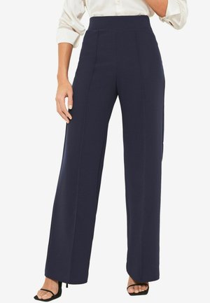 Pantalones de pierna ancha azul marino con una cintura alta, que presentan costuras verticales, una textura suave y un ajuste relajado, combinados con sandalias negras.