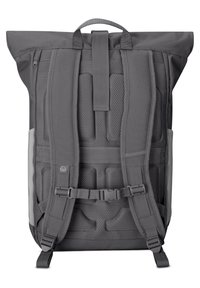 Gray backpack featuring a roll-top design, padded straps, mesh ventilation, adjustable buckle, and side pockets for storage.