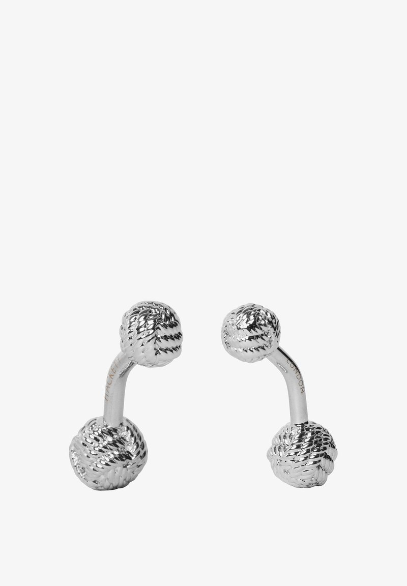 Stříbrné manžetové knoflíčky ve tvaru zkroucených uzlů z lana, spojené zakřivenou tyčinkou, s jemně vyrytým textem na tyčince.