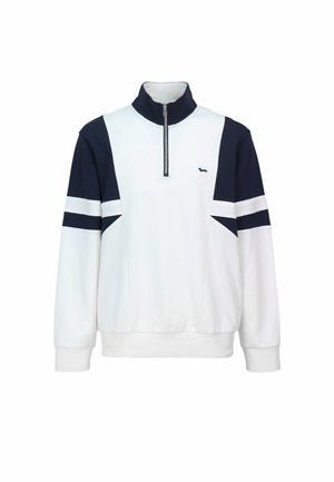 Biela mikina s polovičným zipsom, námorníckomodré ramená, manžety a pruhy na rukávoch, s malým logom psa na hrudi.