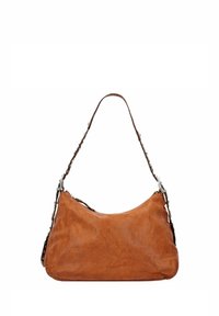 Tan leren handtas met een slouchy ontwerp, een enkele schouderband en accenten van zilverkleurig beslag. Glad textuur, minimale details.