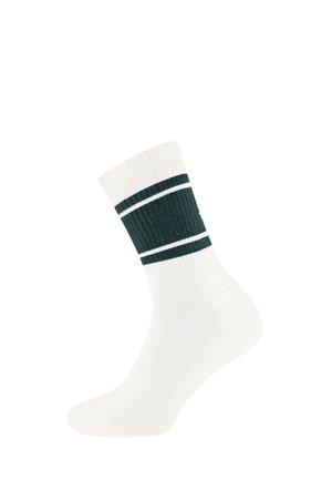 Weißer Sportsocken mit dunkelgrünem Rippbündchen und zwei dünnen weißen Streifen nahe der Oberseite.