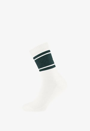 White crew sock with a dark green ribbed band and two thin white stripes near the top.