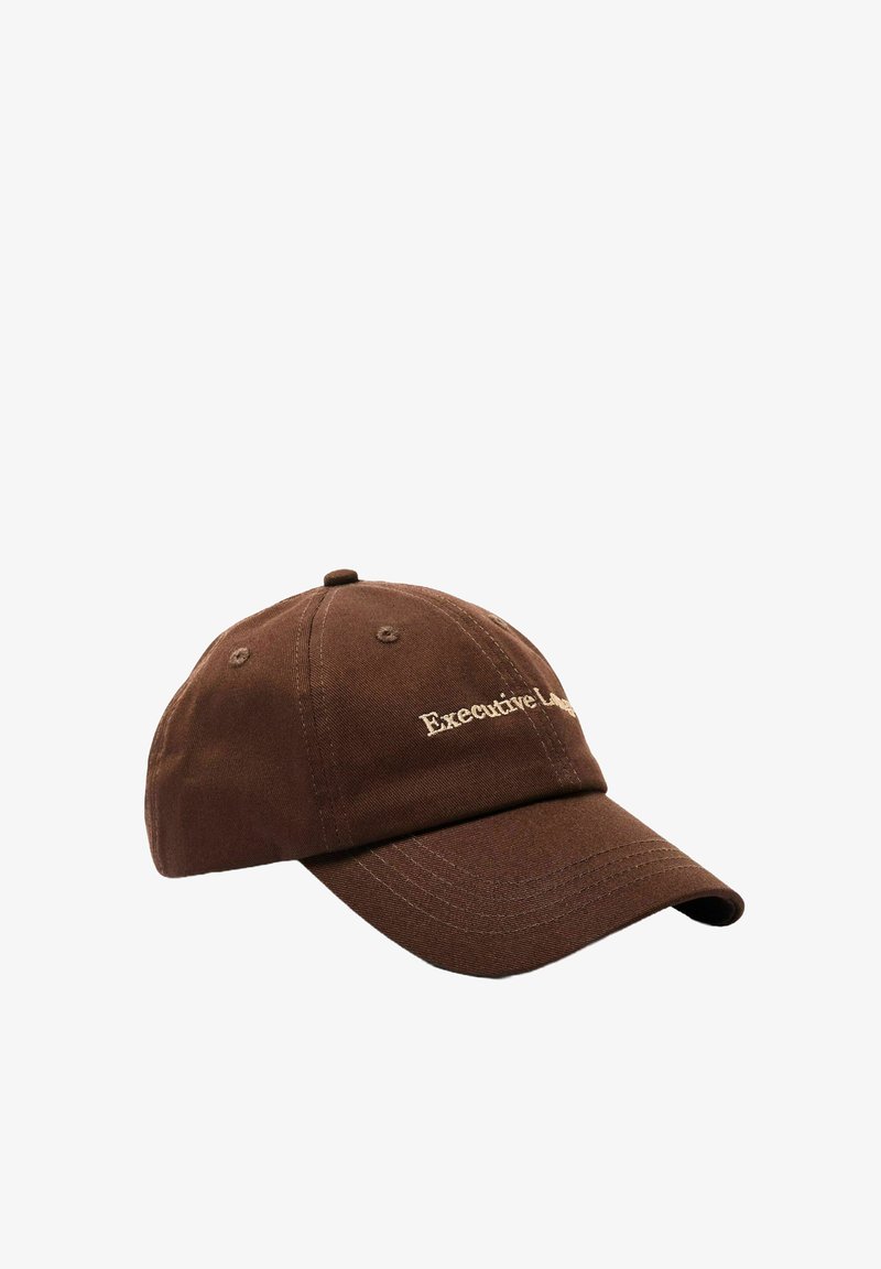 Brown cotton cap with curved brim, featuring "Executive Lab" embroidered in beige on the front panel, textured fabric with stitched accents.