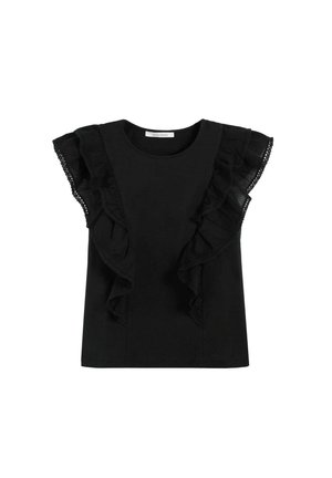 Top negro sin mangas con ribete de encaje fruncido en el frente y los hombros, escote redondo y dobladillo recto.