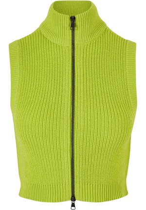 Ermeløs limegrønn strikket vest med høy krage og helsort glidelås. Har ribbestruktur og tettsittende fasong.
