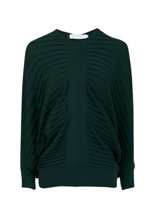 Suéter de color verde oscuro con textura acanalada vertical, mangas anchas y cuello redondo. Hecho de una tela suave y elástica con un ajuste relajado.