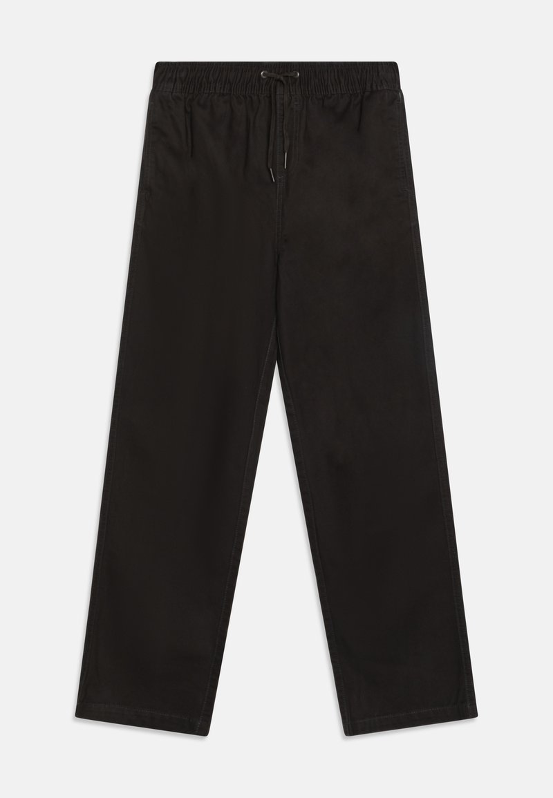 Czarne, szerokie spodnie wykonane z gładkiego materiału, z elastycznym paskiem w talii i regulowanym sznurkiem, z czystymi szwami i bez kieszeni.