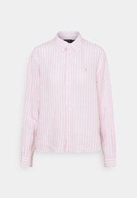 Ljusrosa skjorta med knappar och vita horisontella ränder, långa ärmar och krage. Har en liten broderad logotyp på bröstet.