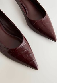 Bordo krāsas apavi ar šauru purnu, izgatavoti no spīdīga mākslīgā krokodila ādas, ar gludu iekšpusi un minimālām šuvju detaļām.