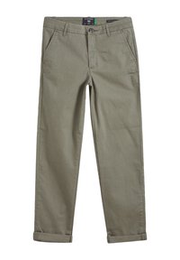 Khakifärgade chinos i bomull med slät textur, utrustade med två sidofickor och uppvikta ändar. Klassisk design med knäppning.