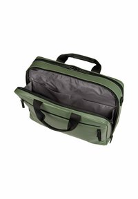 Grüner, wasserfester Laptop-Rucksack mit Reißverschluss. Verfügt über schwarze Henkel, Innenfächer und ein weiches graues Futter.