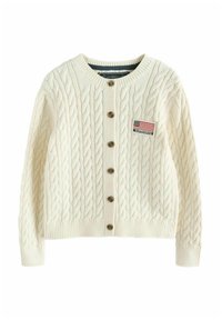 Kardigan u krem boji s pletenim uzorkom, drvenim gumbima, rebrastim donjim rubom i manžetama, te malom Superdry logom s dizajnom američke zastave.