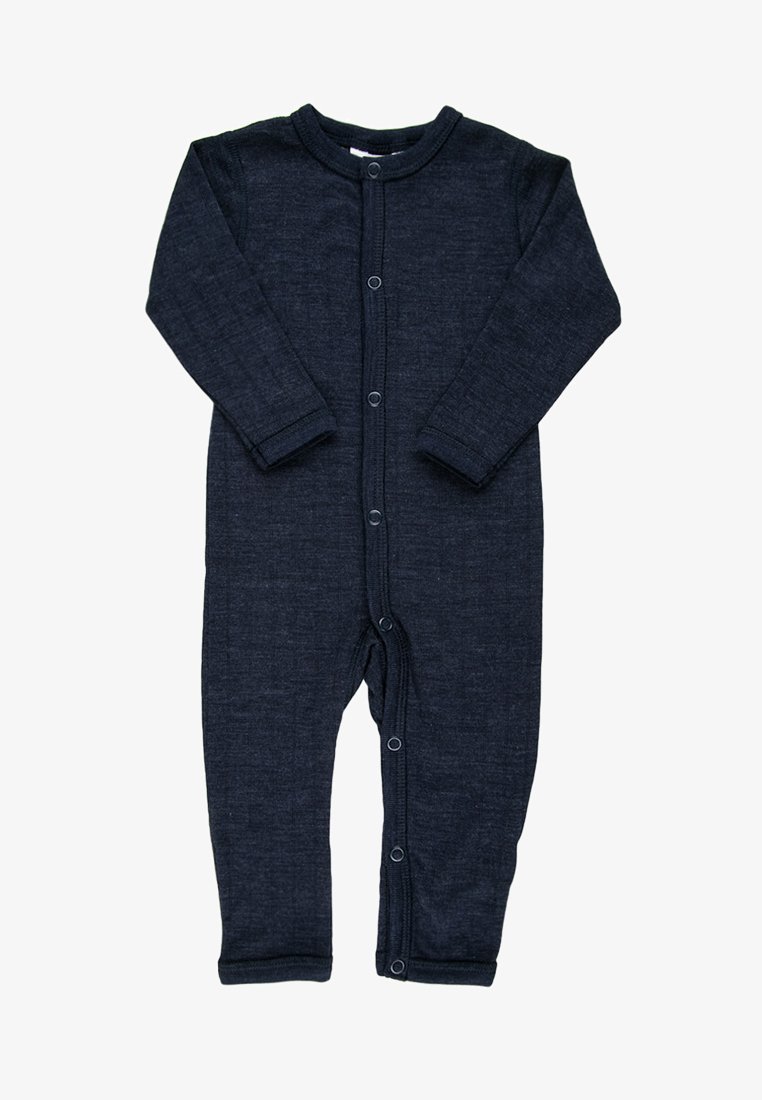 Donkerblauwe baby romper gemaakt van zachte stof, met lange mouwen, een ronde halslijn en drukknoopjes aan de voorkant voor gemakkelijk aankleden.