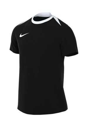 Czarna sportowa koszulka z krótkim rękawem, białym okrągłym kołnierzem i białym logo Nike Swoosh na prawej piersi.