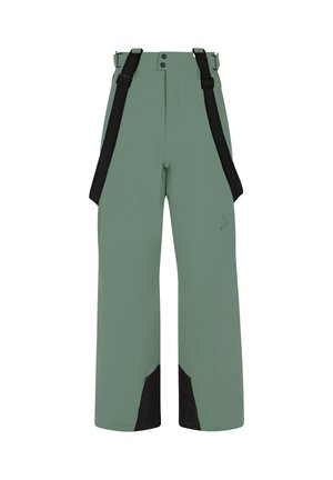 Green waterproof ski pants with adjustable black suspenders, wide legs, reinforced black panels at the bottom, and two front buttons.