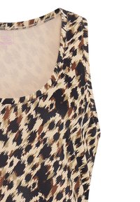 Top sin mangas con escote redondo en patrón abstracto de estampado de leopardo en tonos beige, marrón y negro.