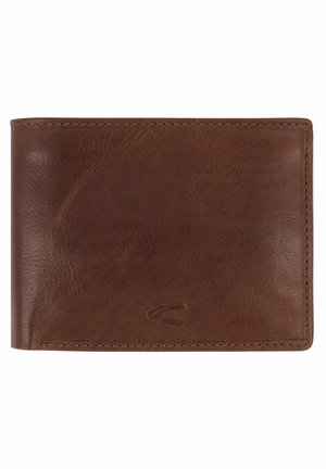 Portefeuille en cuir marron avec une texture lisse, design pliable en deux, et logo embossé à l'avant. Les bords cousus ajoutent durabilité et détail.