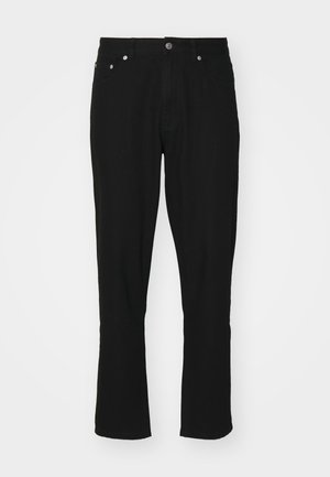 Jeans in denim nero con taglio dritto, dotati di design a cinque tasche, ferramenta in argento e leggera texture. Nessun motivo visibile.