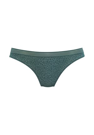 Grüne Spitzen-Damenunterwäsche im Bikini-Stil mit einem gemusterten Taillenbund und floralem Netzdesign.