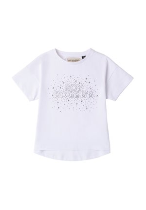 Biała bawełniana koszulka z krótkim rękawem, z przednim wzorem z srebrnych ćwieków z napisem "ROY ROGER'S" otoczonym małymi wzorami gwiazdek.