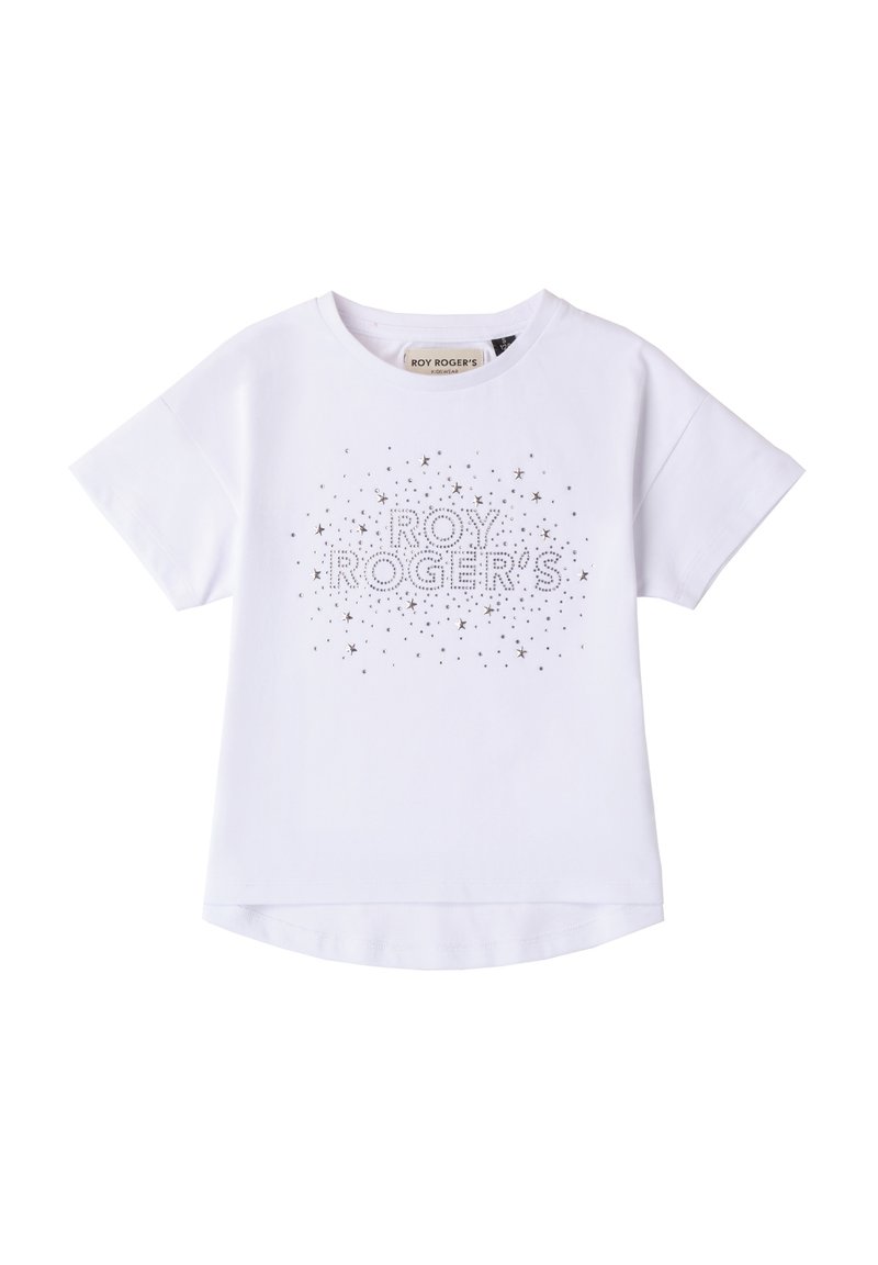 Camiseta de algodón blanca con mangas cortas, que presenta un diseño frontal en tachuelas plateadas que dice "ROY ROGER'S" rodeado de pequeños patrones de estrellas.