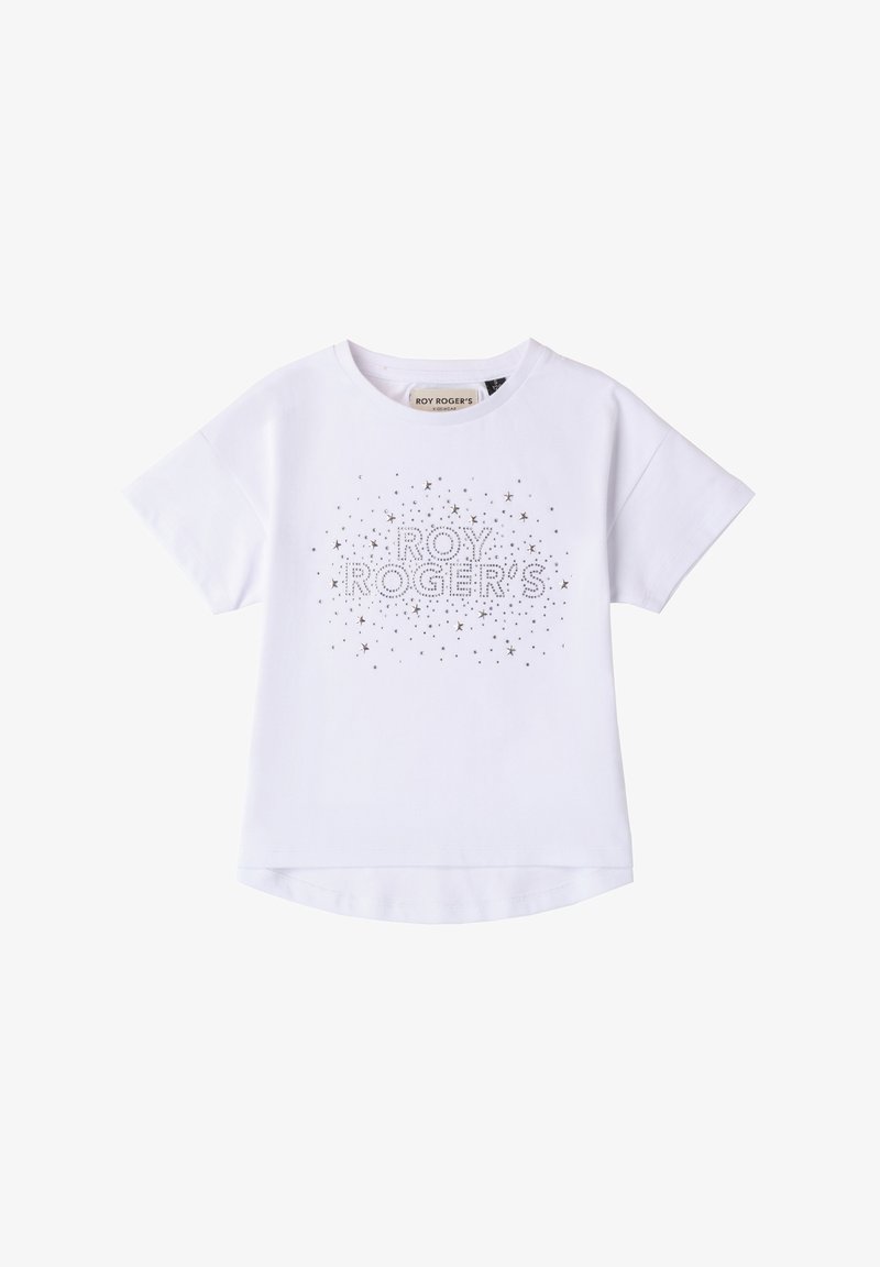 Camiseta de algodón blanca con mangas cortas, que presenta un diseño frontal en tachuelas plateadas que dice "ROY ROGER'S" rodeado de pequeños patrones de estrellas.