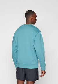 Sudadera turquesa de manga larga y cuello redondo. Presenta puños y dobladillo de canalé. Lleva puesto con pantalones cortos oscuros, vista desde la parte posterior.
