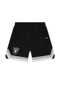 Black mesh shorts with an elastic waistband, drawstring, white and gray side accents, and a Raiders logo on the front left.